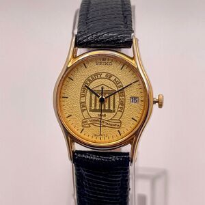 Seiko University of Mississippi Quartz Watch - Gold Dial, Genuine Lizard Strap